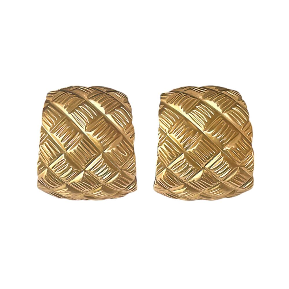 1980s Satin Gold Plate Quilted Pattern Curved Hoop Style Statement Clip Earrings